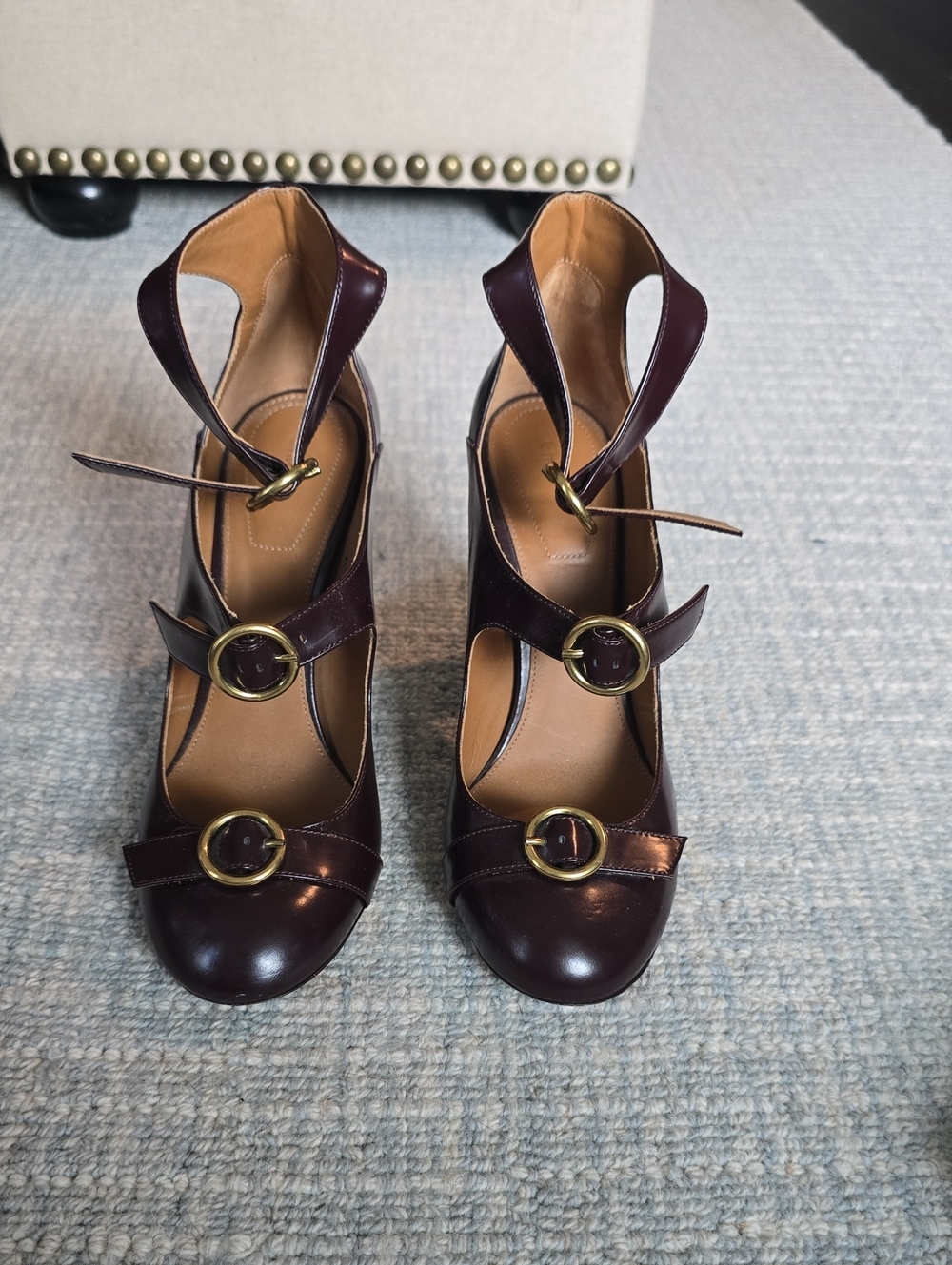 Chloe Burgundy Leather Strappy Heels with Gold Buckles